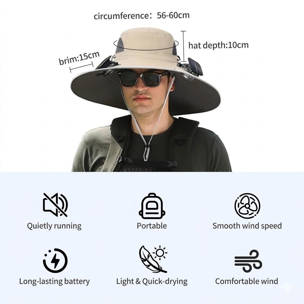 2026 New 3-Solar-Fan Cooling Hat — UPF50+ Sun Protection, Triple-Power Rechargeable, & Water-Resistant