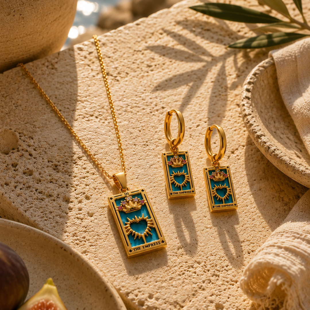 The Empress - Tarot Card 18k | Silver Dainty Necklace with Blue Enamel🔥